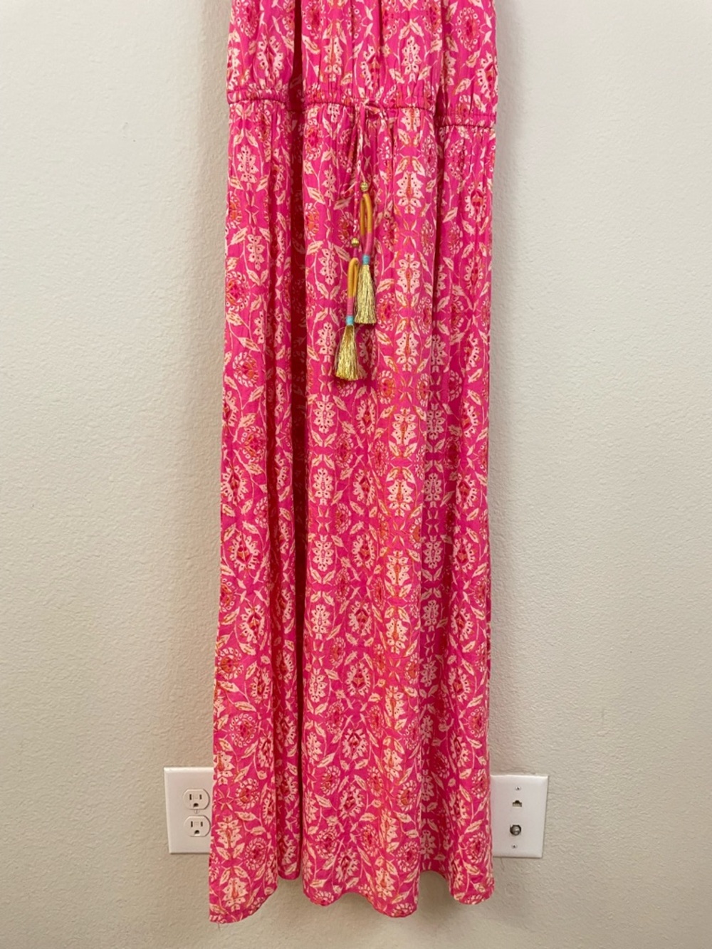 THML Pink Floral Off-Shoulder Maxi Dress with Tassel Waist Size M Boho Beach - Picture 5 of 12